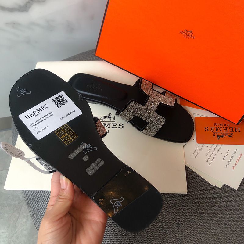 Hermes Oran Slides Women Glitter Leather In Black Silver