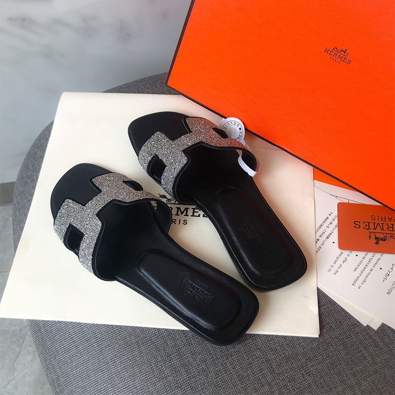 Hermes Oran Slides Women Glitter Leather In Black Silver