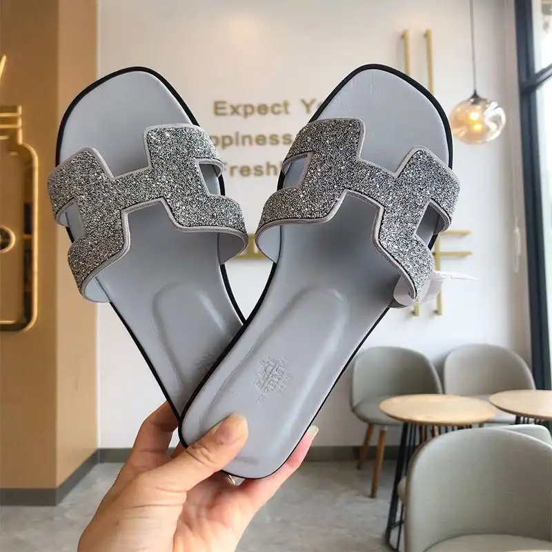 Hermes Oran Slides Women Glitter Leather In Grey