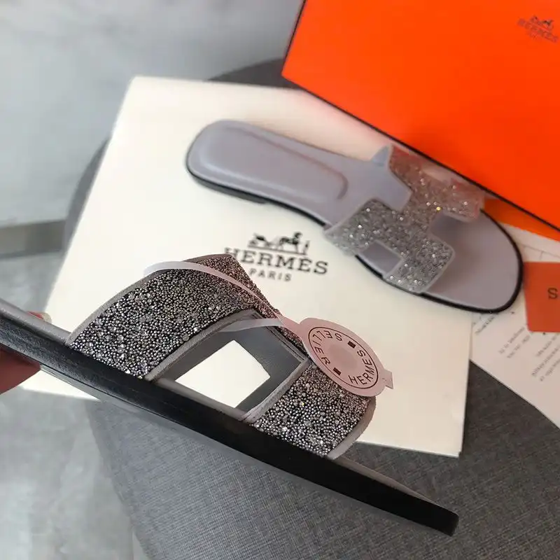 Cheap Hermes Oran Slides Women Glitter Leather In Grey