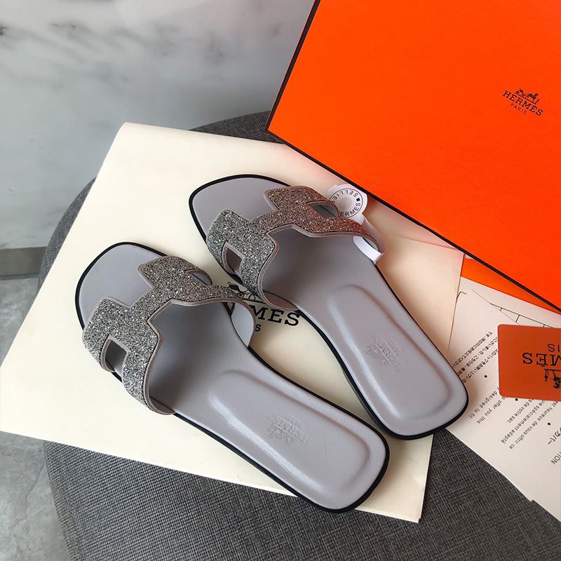 Hermes Oran Slides Women Glitter Leather In Grey