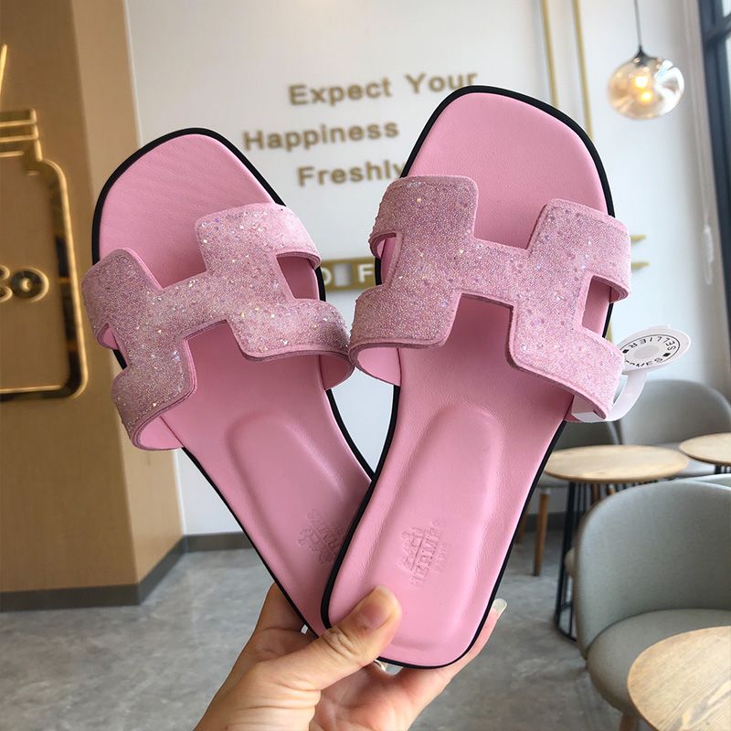 Hermes Oran Slides Women Glitter Leather In Pink