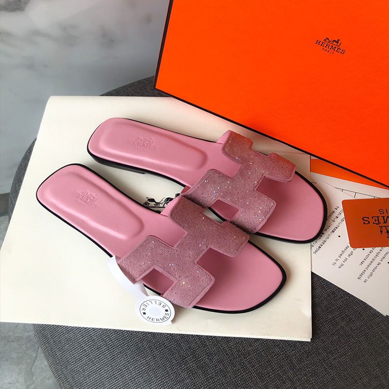 Hermes Oran Slides Women Glitter Leather In Pink