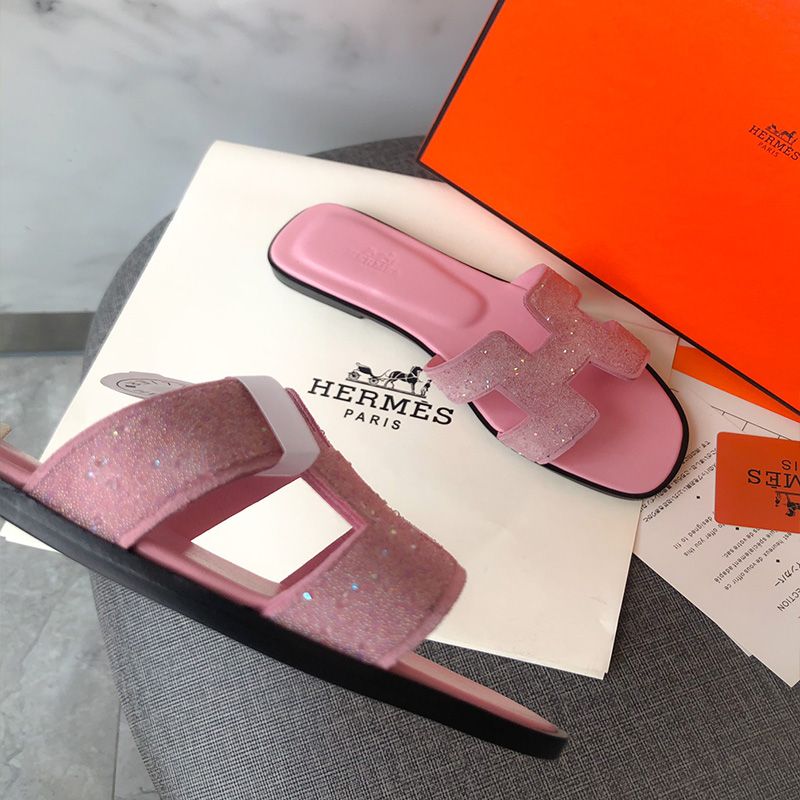 Hermes Oran Slides Women Glitter Leather In Pink