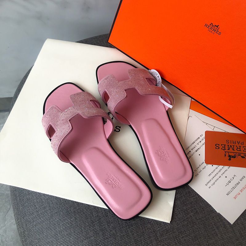 Hermes Oran Slides Women Glitter Leather In Pink