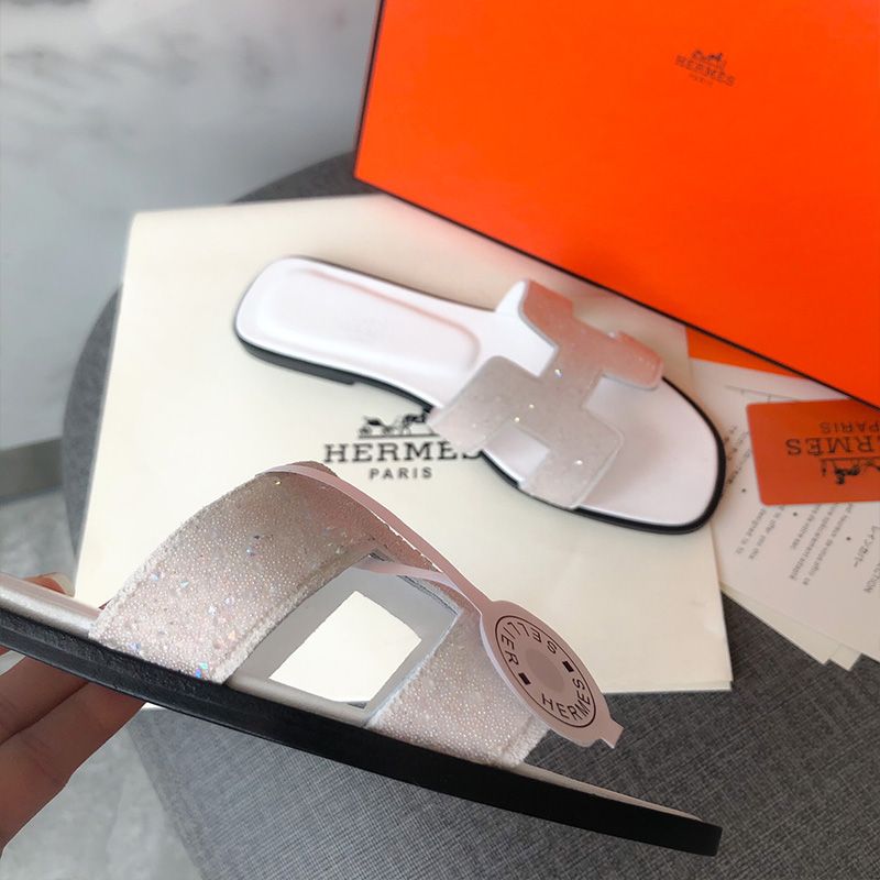 Hermes Oran Slides Women Glitter Leather In White