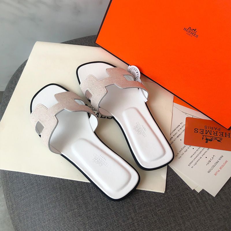 Hermes Oran Slides Women Glitter Leather In White