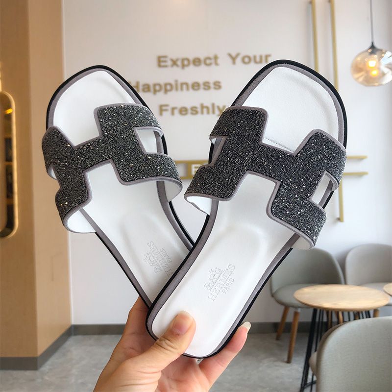 Hermes Oran Slides Women Glitter Leather In White Black