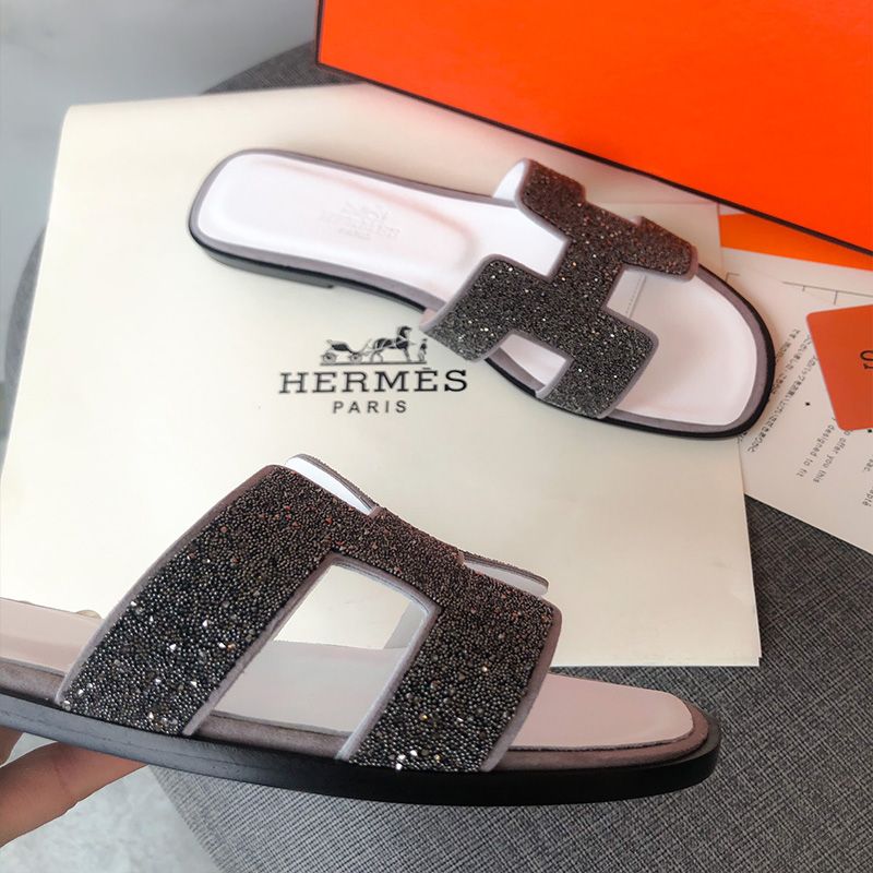 Hermes Oran Slides Women Glitter Leather In White Black