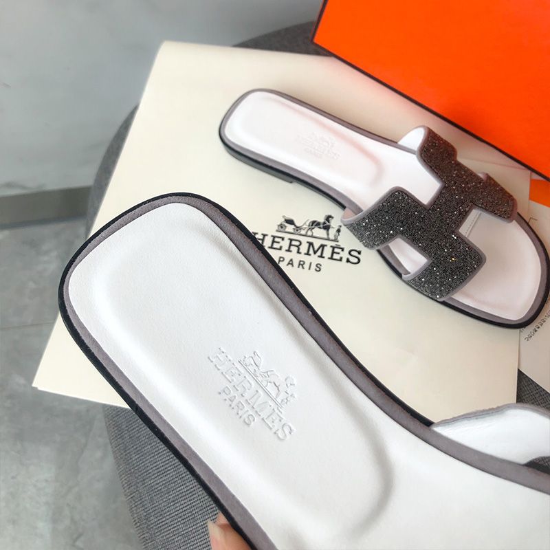 Hermes Oran Slides Women Glitter Leather In White Black