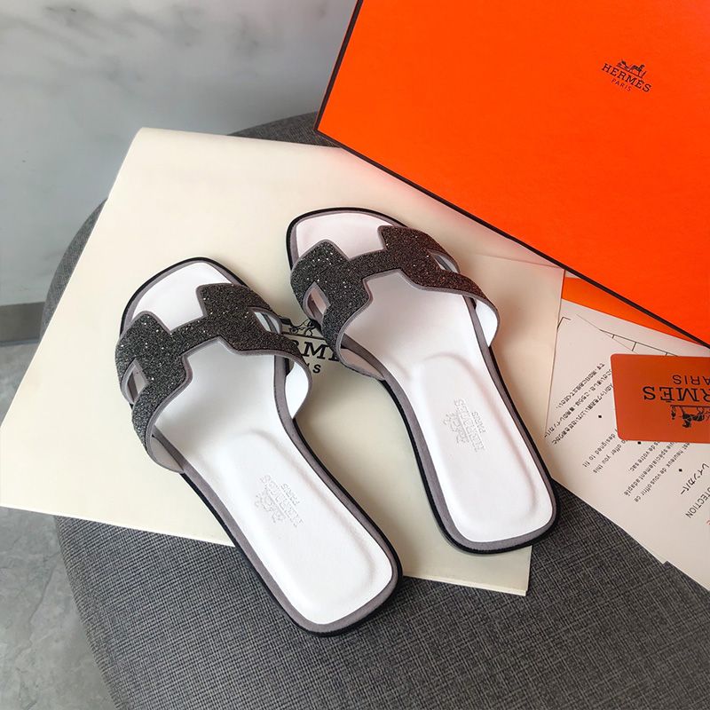 Hermes Oran Slides Women Glitter Leather In White Black