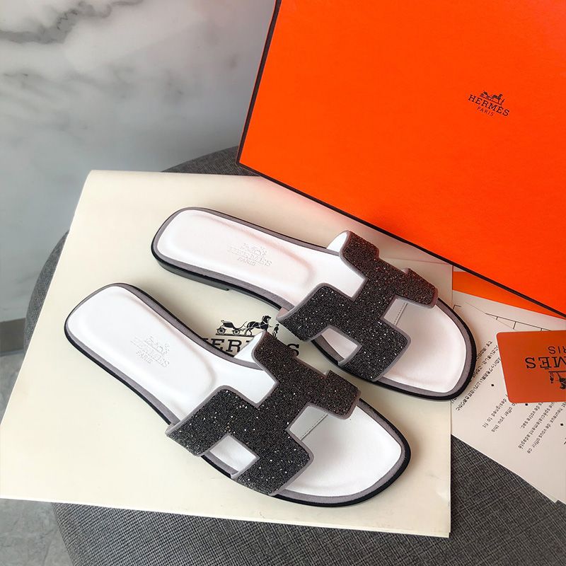 Hermes Oran Slides Women Glitter Leather In White Black