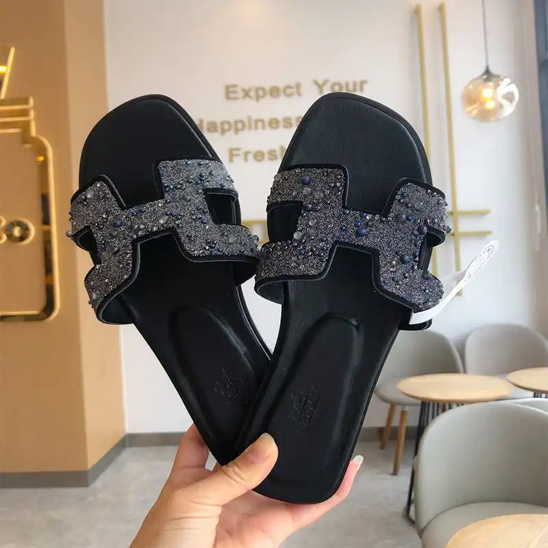 Hermes Oran Slides Women Glitter Leather With Pearl In Black Blue