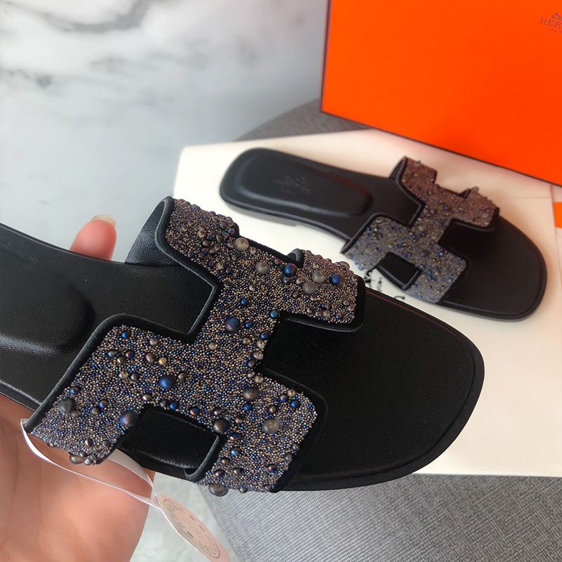 Hermes Oran Slides Women Glitter Leather With Pearl In Black Blue