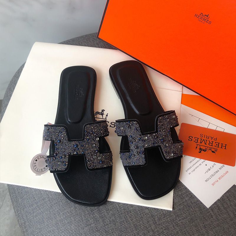 Hermes Oran Slides Women Glitter Leather With Pearl In Black Blue