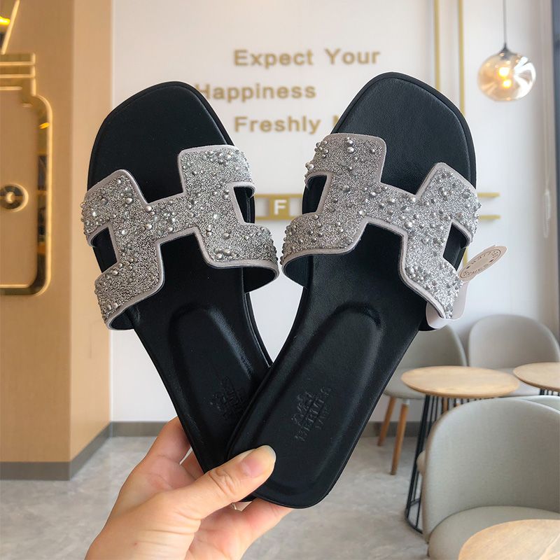 Hermes Oran Slides Women Glitter Leather With Pearl In Black Silver