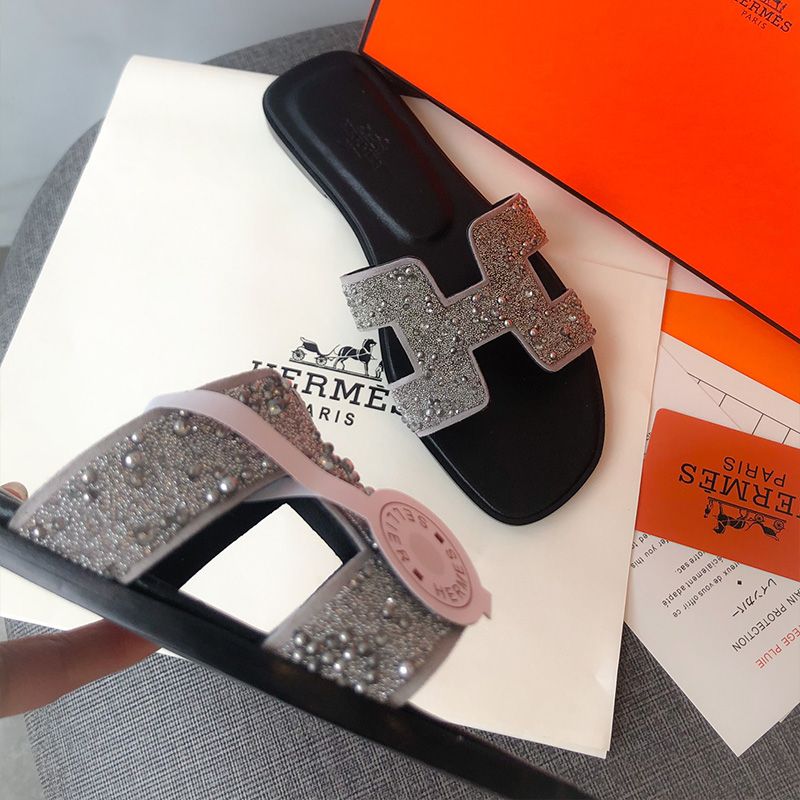 Hermes Oran Slides Women Glitter Leather With Pearl In Black Silver