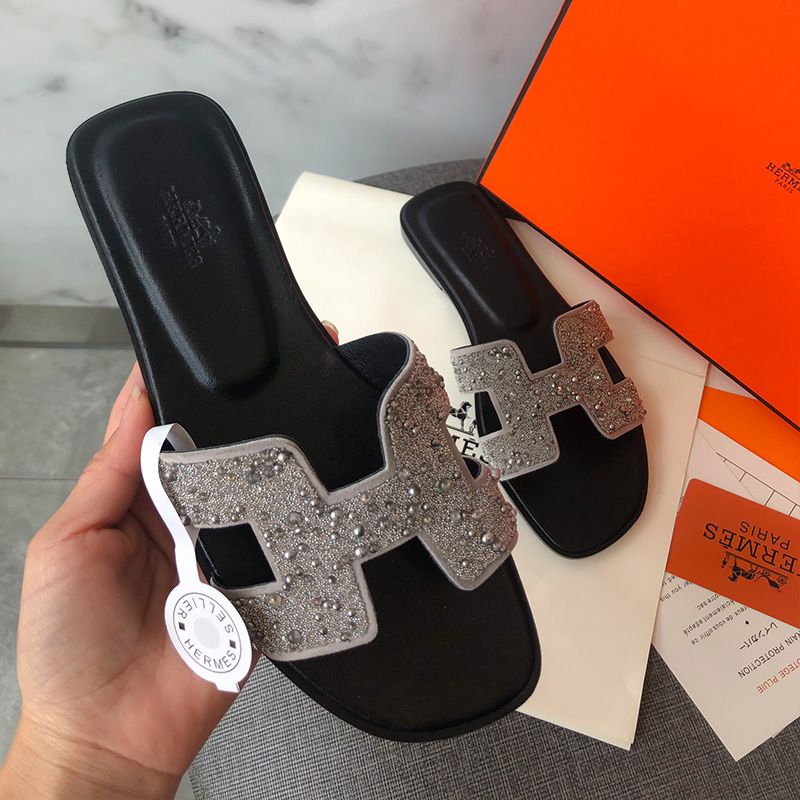 Hermes Oran Slides Women Glitter Leather With Pearl In Black Silver