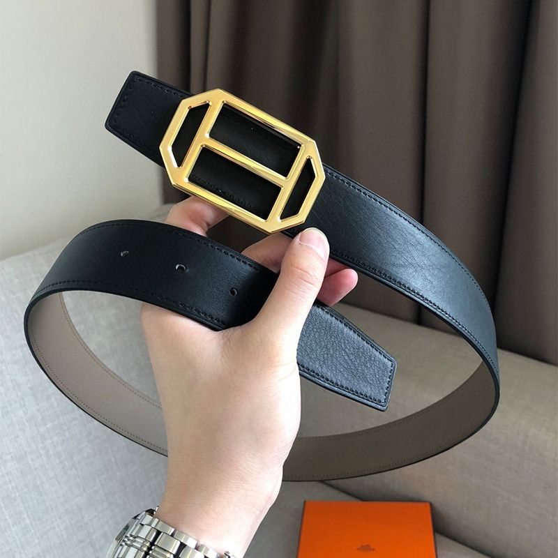 Hermes Pad Buckle 38MM Reversible Belt Togo Leather In Black Gold