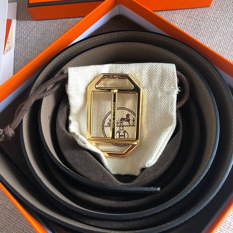 Hermes Pad Buckle 38MM Reversible Belt Togo Leather In Black Gold