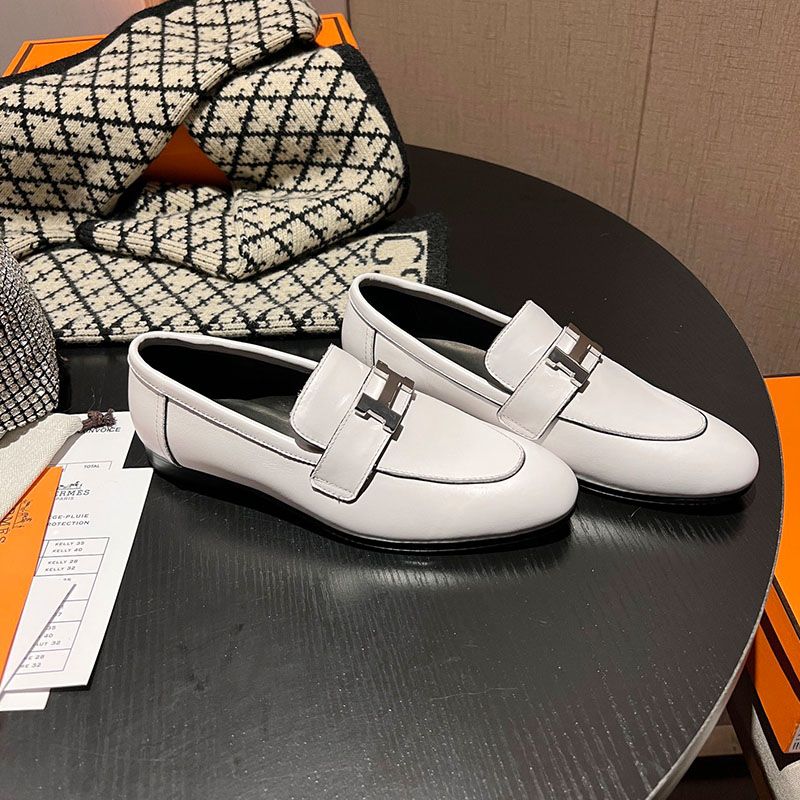 Hermes Paris Loafers Women Calfskin with H Buckle In White