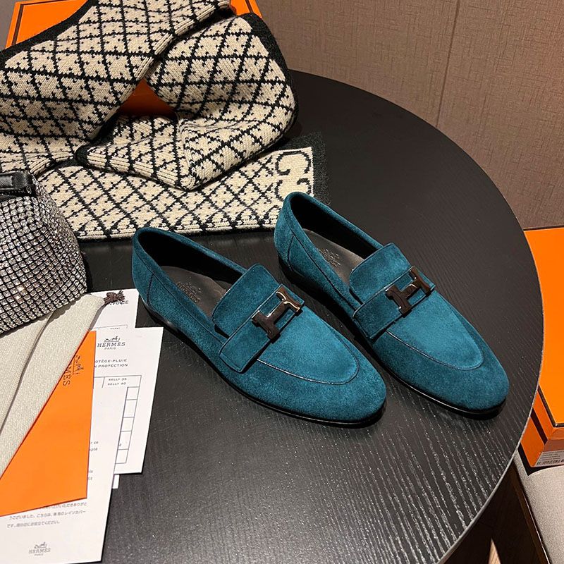 Hermes Paris Loafers Women Suede with H Buckle In Blue