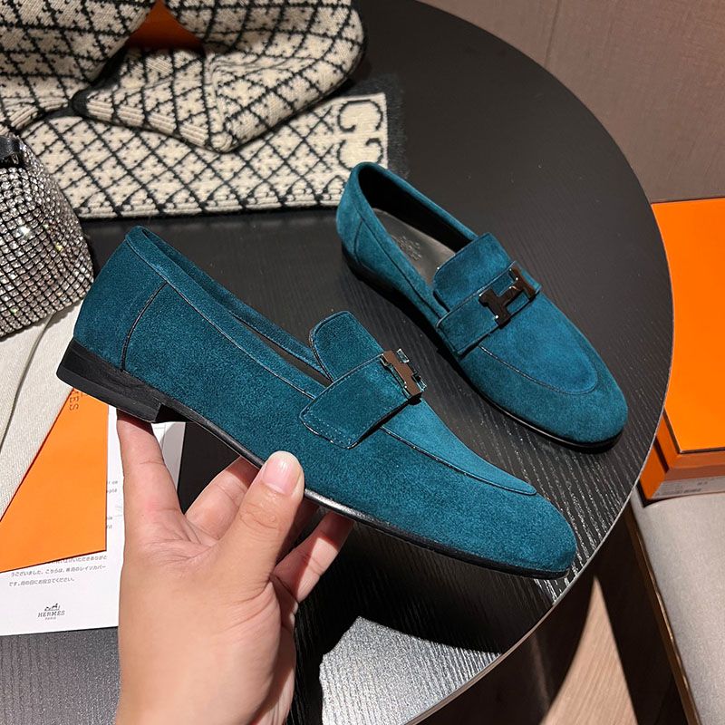 Hermes Paris Loafers Women Suede with H Buckle In Blue