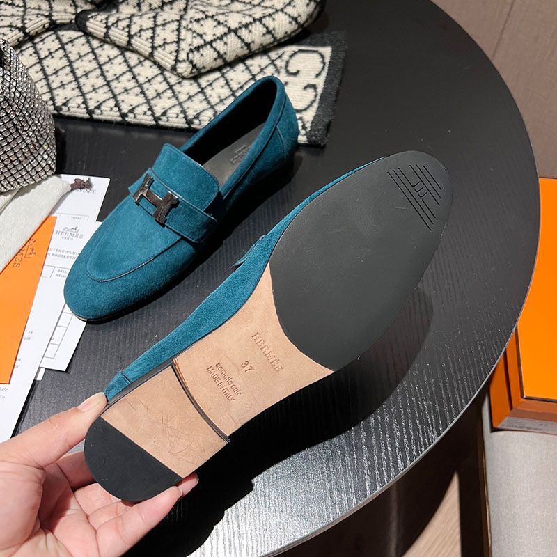 Hermes Paris Loafers Women Suede with H Buckle In Blue