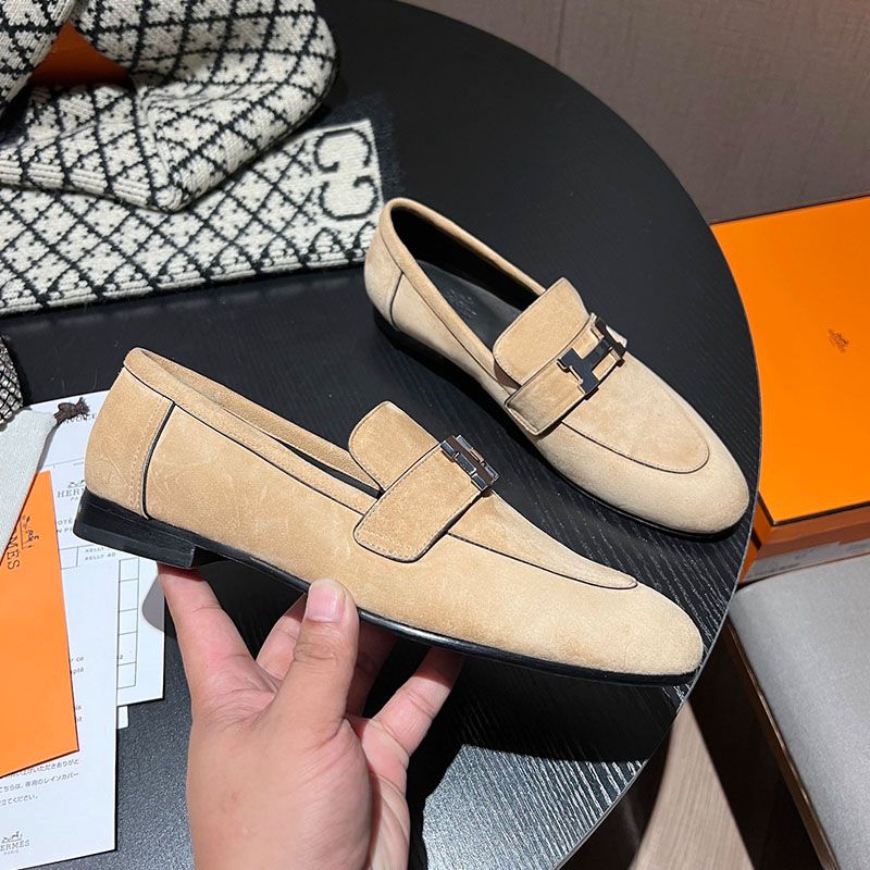 Hermes Paris Loafers Women Suede with H Buckle In Khaki