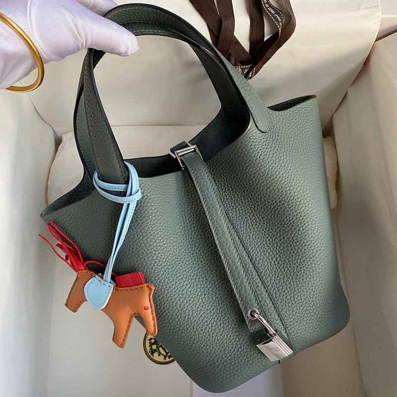 Hermes Picotin Lock Bag Clemence Leather Gold Palladium Hardware In Almond Green