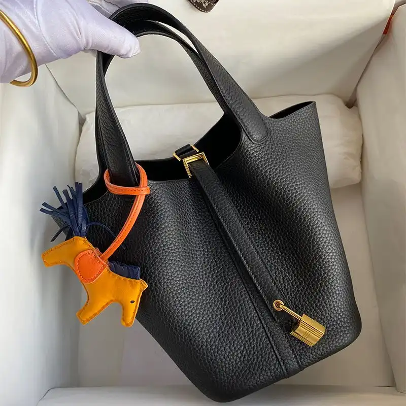 Hermes Picotin Lock Bag Clemence Leather Gold Palladium Hardware In Black