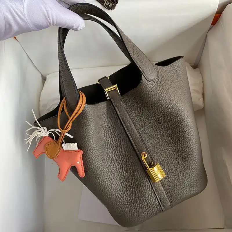 Hermes Picotin Lock Bag Clemence Leather Gold Palladium Hardware In Etain Grey