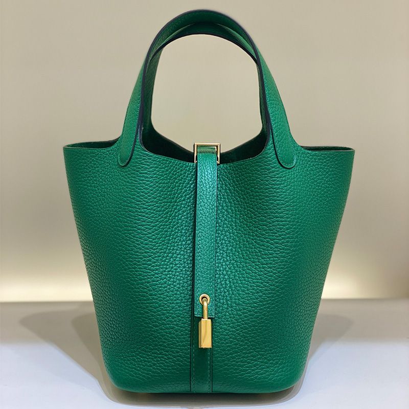 Hermes Picotin Lock Bag Clemence Leather Gold Palladium Hardware In Green