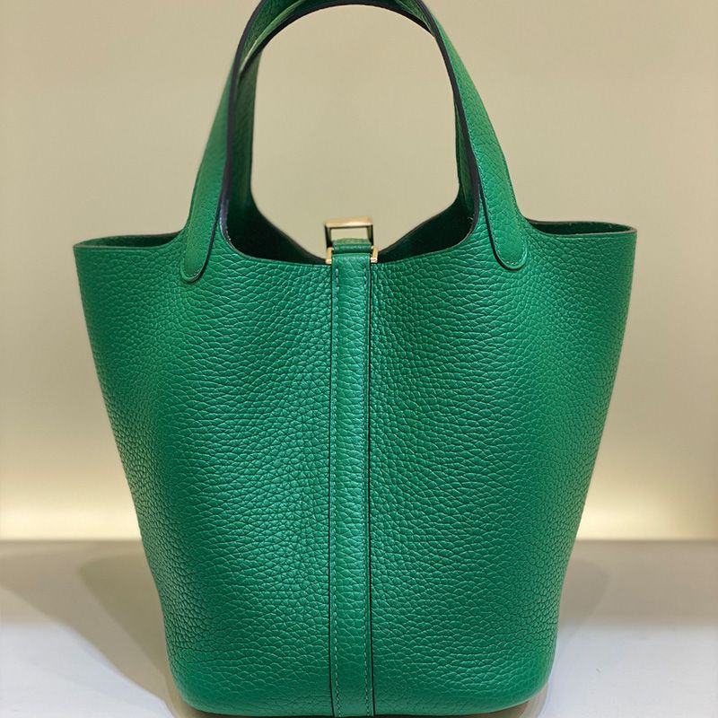 Hermes Picotin Lock Bag Clemence Leather Gold Palladium Hardware In Green