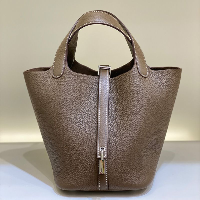 Hermes Picotin Lock Bag Clemence Leather Gold Palladium Hardware In Khaki