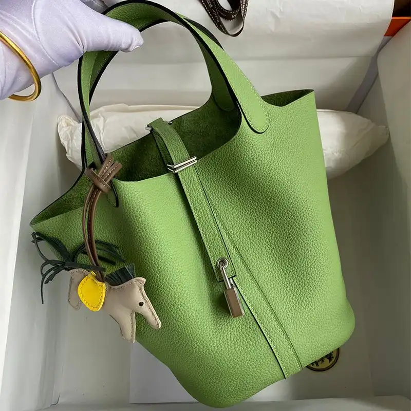 Hermes Picotin Lock Bag Clemence Leather Gold Palladium Hardware In Mint Green