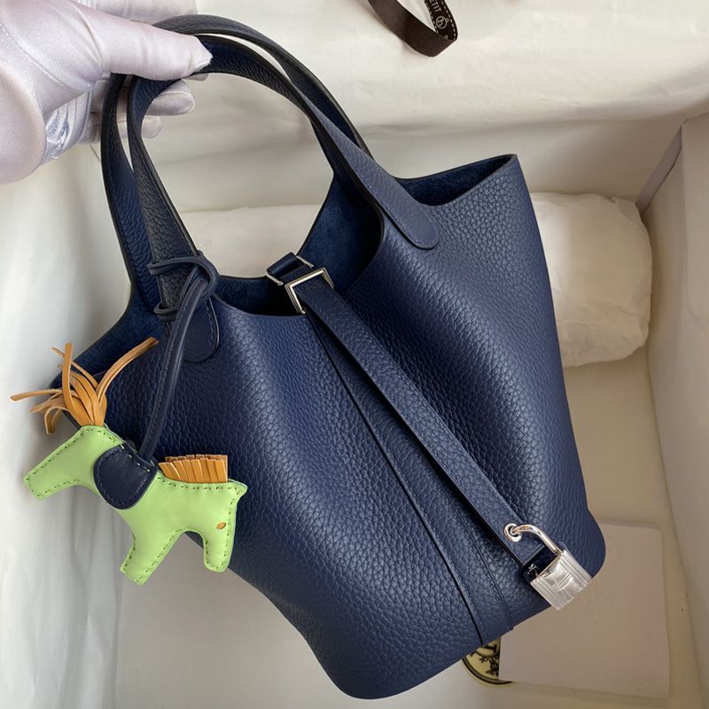 Hermes Picotin Lock Bag Clemence Leather Gold Palladium Hardware In Navy Blue