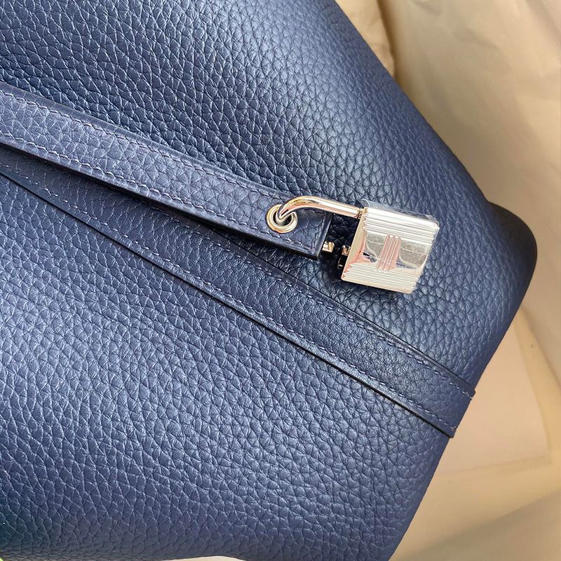 Hermes Picotin Lock Bag Clemence Leather Gold Palladium Hardware In Navy Blue