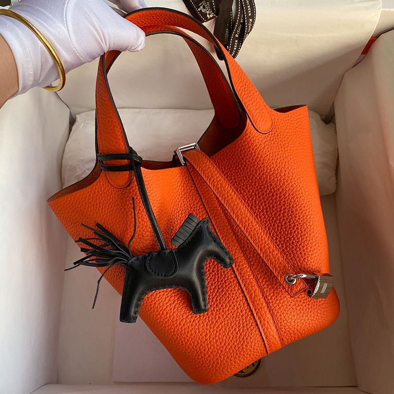 Hermes Picotin Lock Bag Clemence Leather Gold Palladium Hardware In Orange