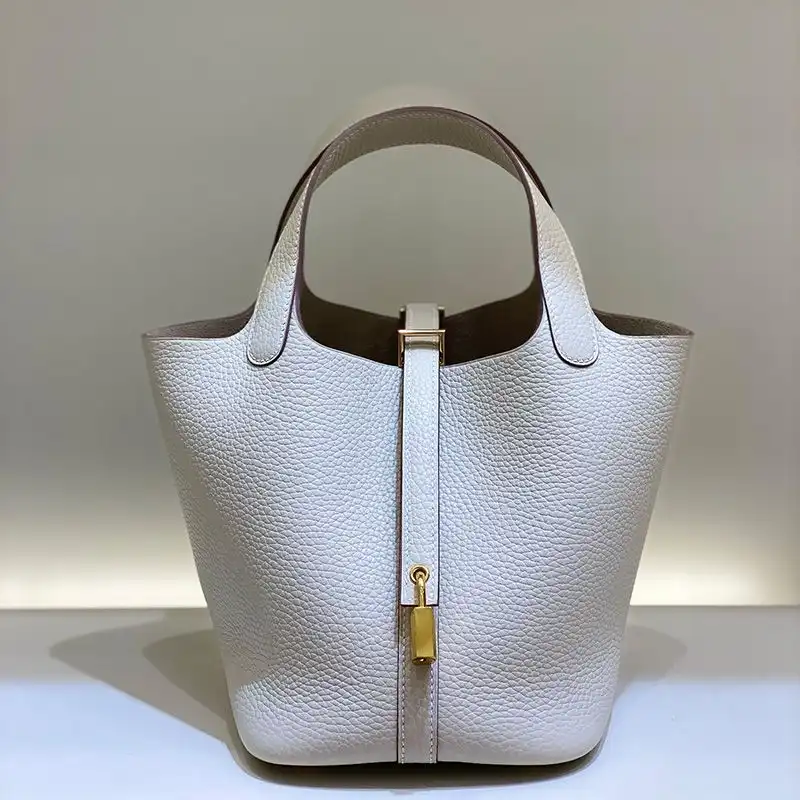 Hermes Picotin Lock Bag Clemence Leather Gold Palladium Hardware In White