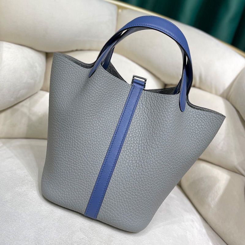 Hermes Picotin Lock Bag Color Blocking Clemence Leather Palladium Hardware In Grey