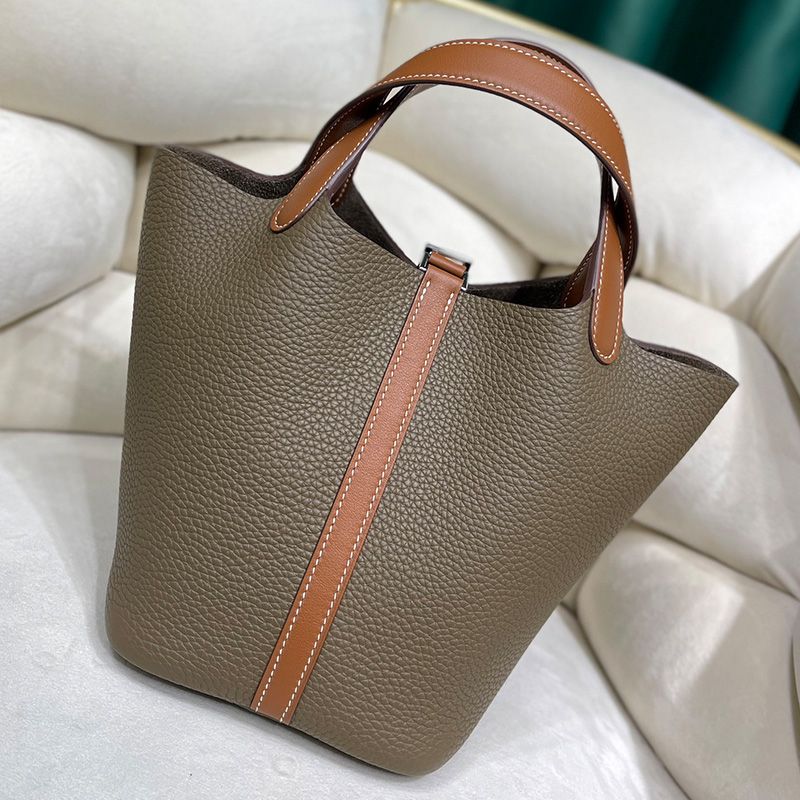 Hermes Picotin Lock Bag Color Blocking Clemence Leather Palladium Hardware In Khaki