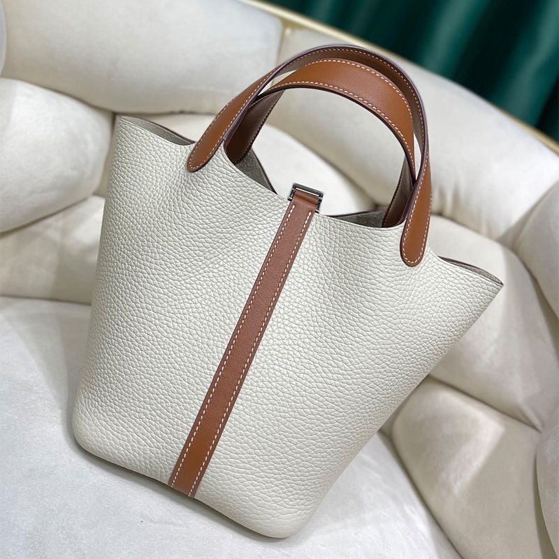 Hermes Picotin Lock Bag Color Blocking Clemence Leather Palladium Hardware In White