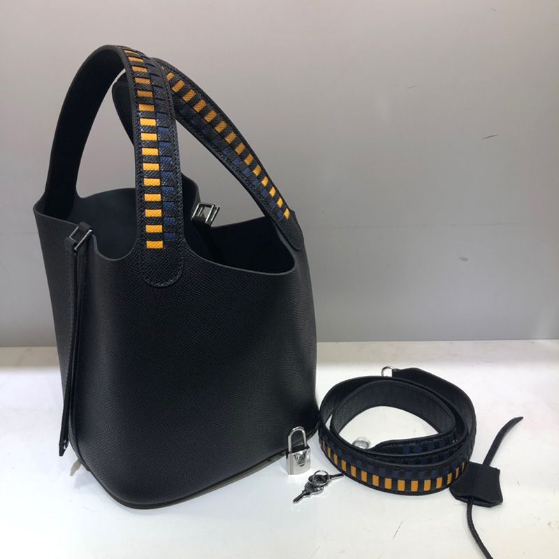 Hermes Picotin Lock Bag Tressage Epsom Leather Palladium Hardware In Black