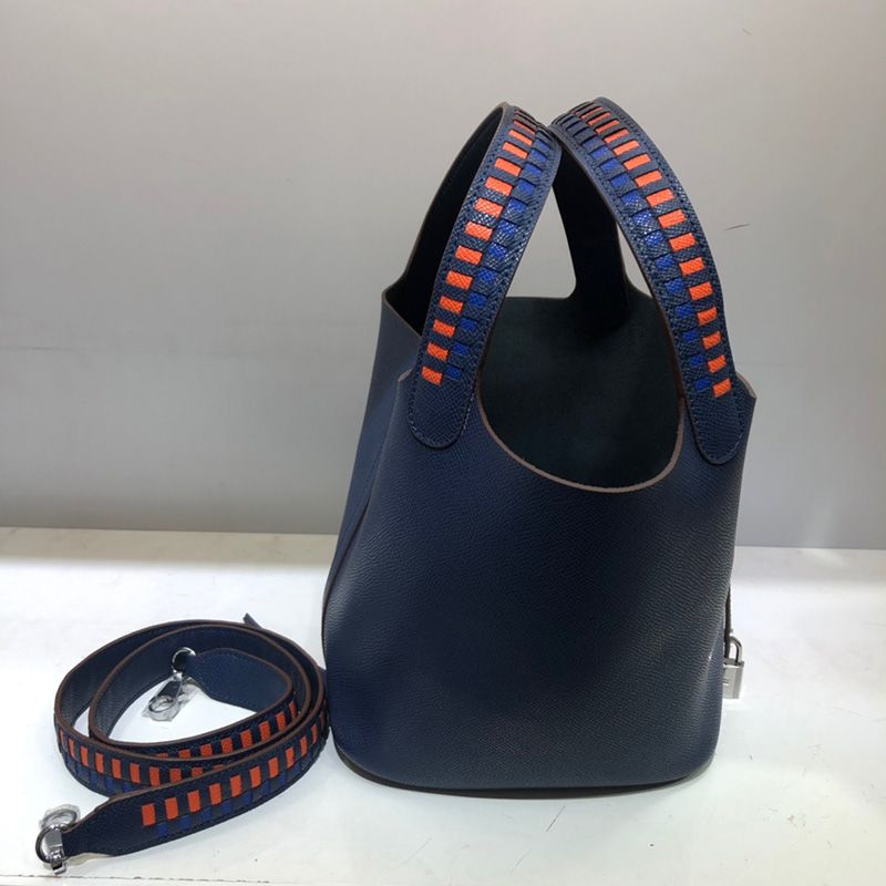 Hermes Picotin Lock Bag Tressage Epsom Leather Palladium Hardware In Navy Blue