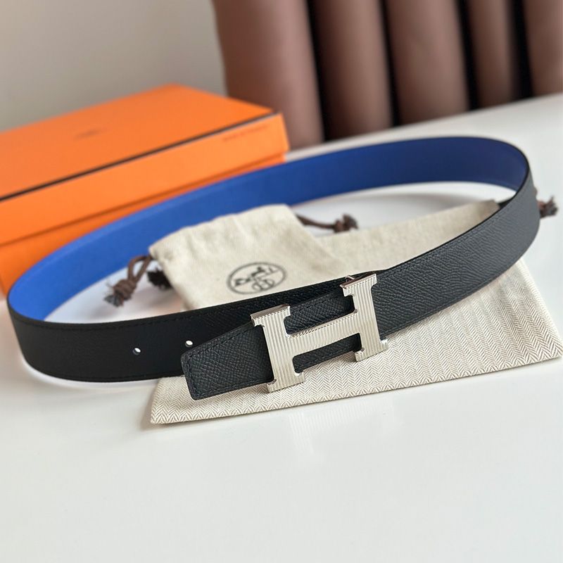 Hermes Punache Buckle 32 Reversible Belt Leather In Blue Black