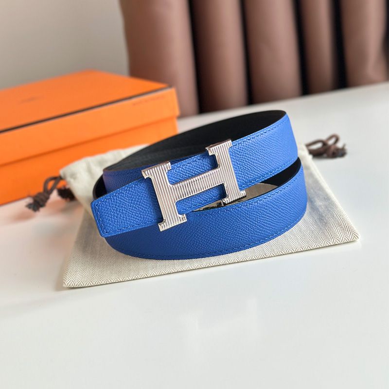 Hermes Punache Buckle 32 Reversible Belt Leather In Blue Black