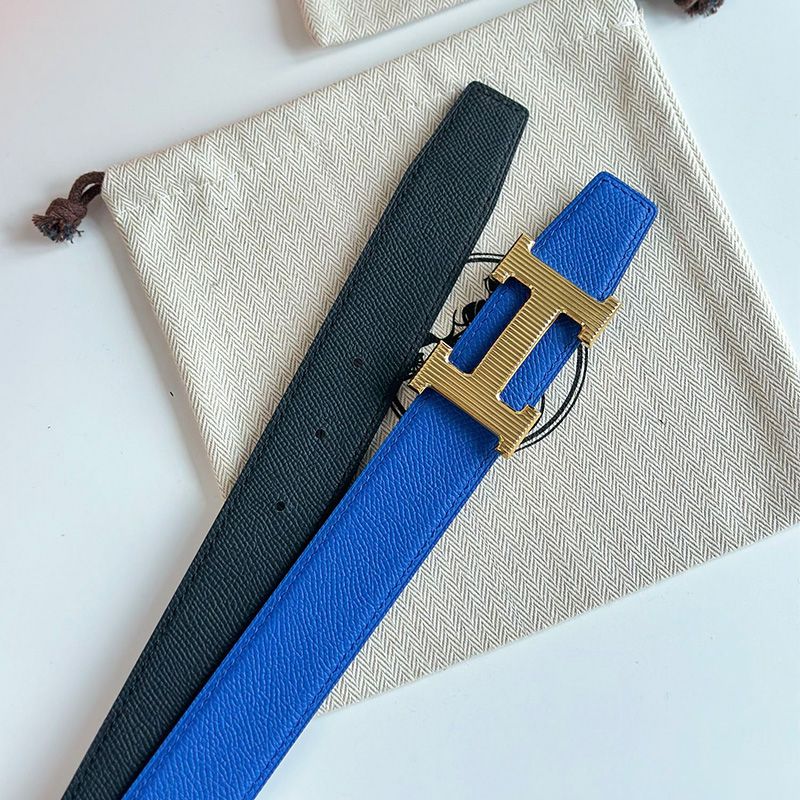 Hermes Punache Buckle 32 Reversible Belt Leather In Blue Black