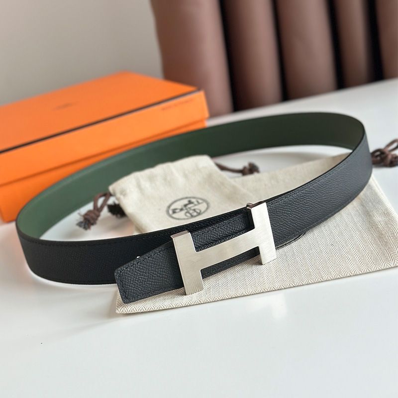 Hermes Punache Buckle 32 Reversible Belt Leather In Green Black