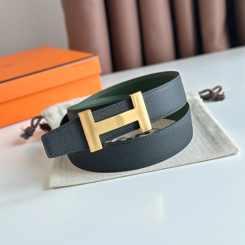 Hermes Punache Buckle 32 Reversible Belt Leather In Green Black